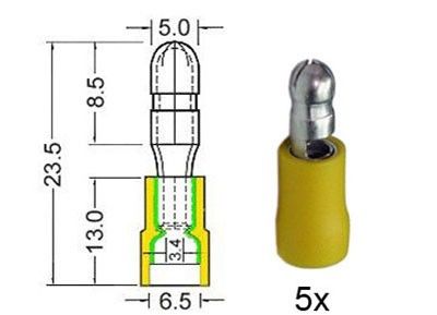 Kabelschoen rond, man. 5.0 mm geel 5 stuks