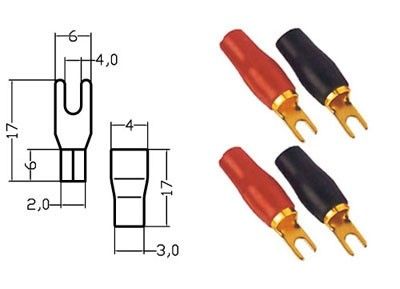 Kabelschoen , vork, verguld, rood/zwart 4-6mm² diam 4 mm