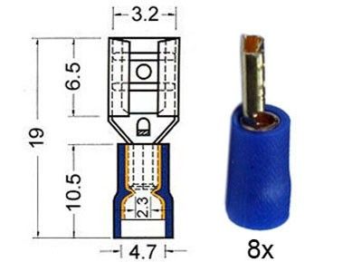 Kabelschoen schuif vrouw, verguld, 2,8 mm blauw, 8 stuks.