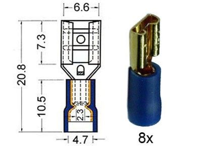 Kabelschoen vrouwelijk, verguld, 6,3 mm blauw, 8 stuks.