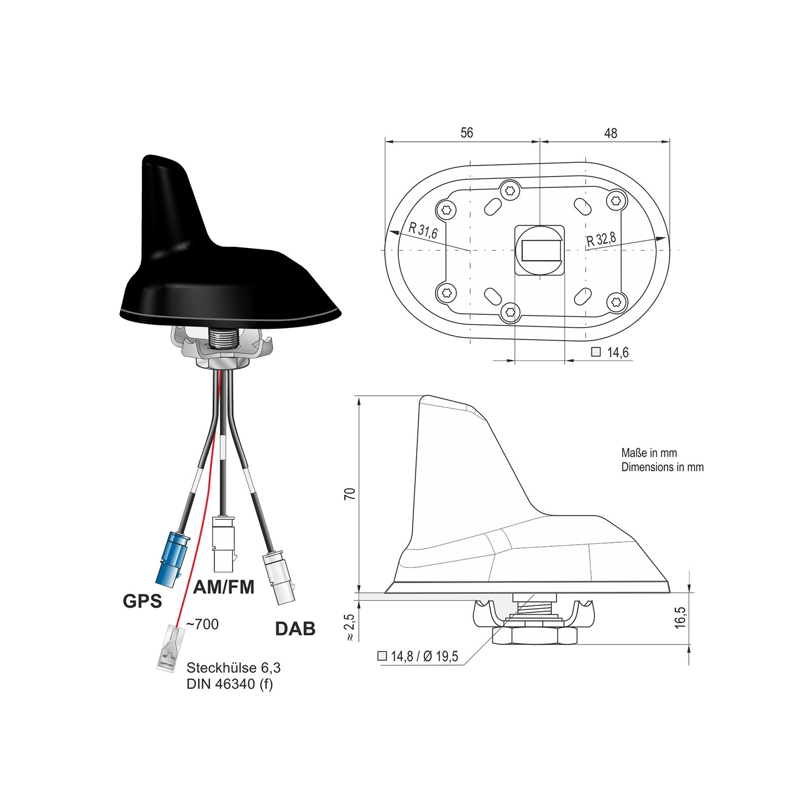 Combi antenne AM/FM / DAB / GPS (Shark) 3x Fakra M 0.2m