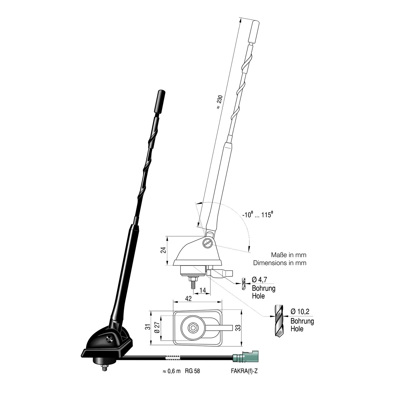 Antenne AM/FM of DAB, Fakra F 0,6 m RG58