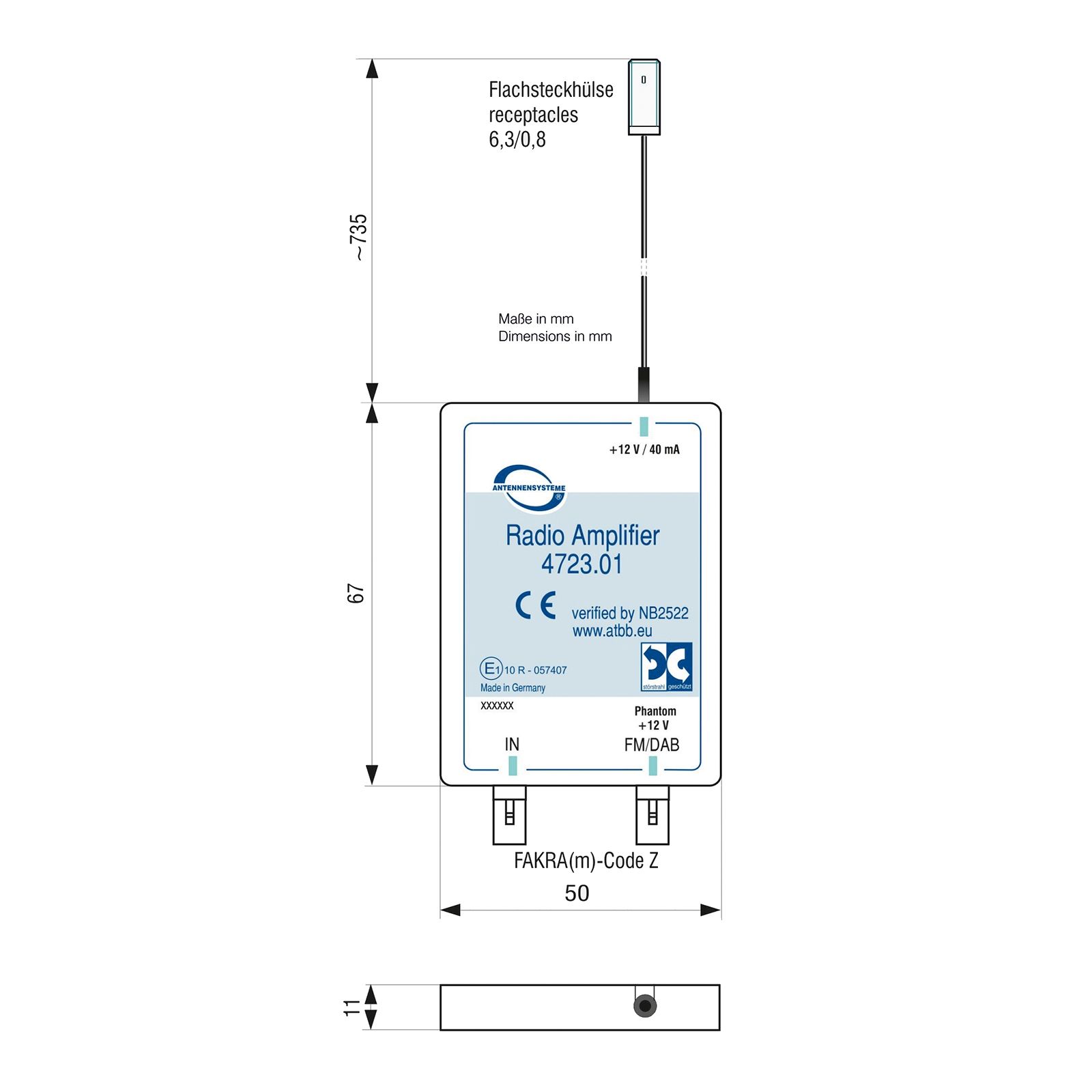Antenne amplifier FM, DAB 2x Fakra M voor passieve antennes