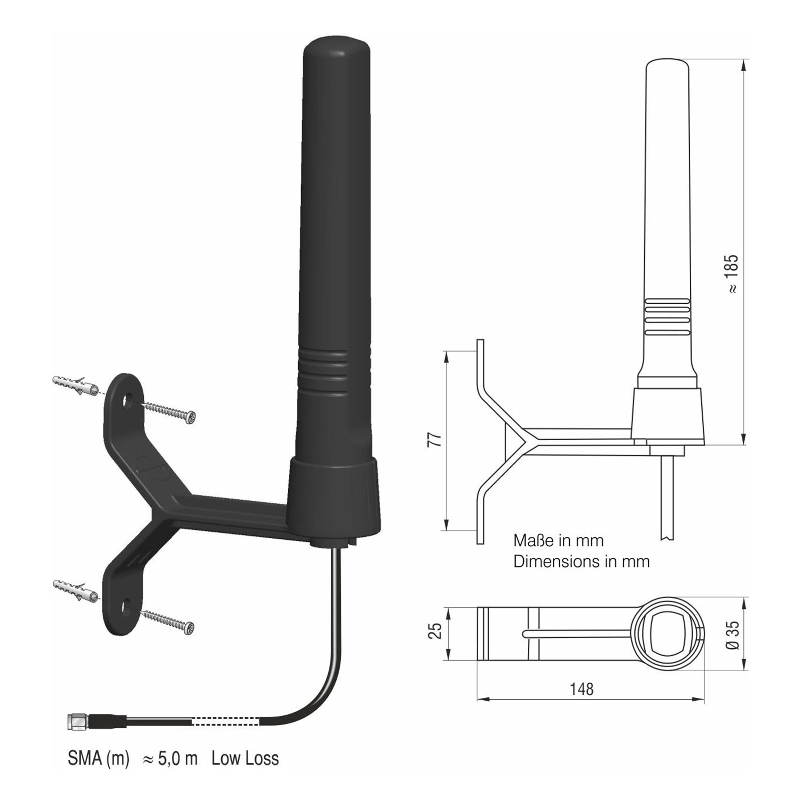 Antenne vast LTE, GSM, ISM, UMTS, WLAN SMA M Low Loss 5m
